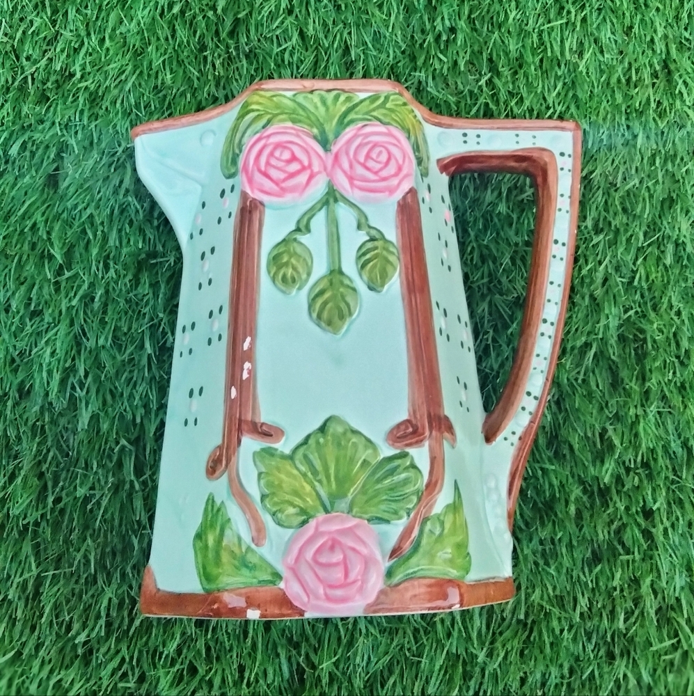 Vintage Majolica Seymour Mann Pitcher Aqua Rose Floral Pastel Art Deco Vase